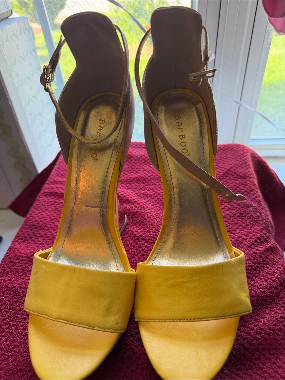 BAMBOO Yellow Ankle-Strap Block Heel Sandals